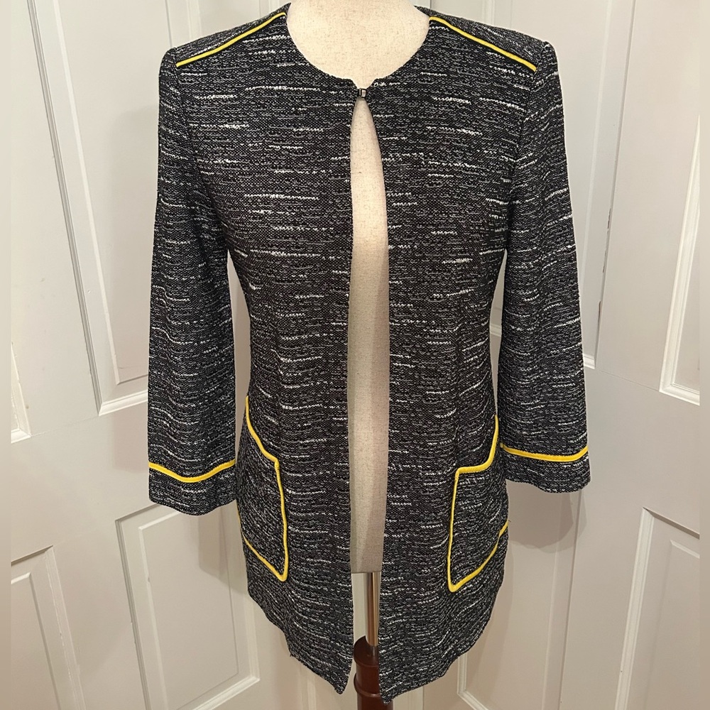 MISOOK Knit Jacket Black White Yellow Trim Open Front Hook Eye Small Mod Office